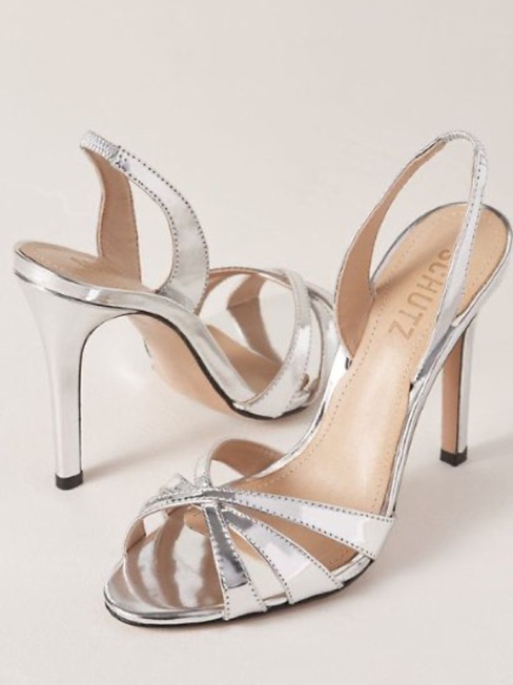 SCHUTZ Silver Metallic Strappy High Heels